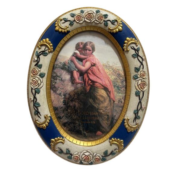 Waterhouse and Dodd Other - VTG Welsh Peasant Child Louis Adan Waterhouse Oval Photo Frame Floral 9"x7" Blue